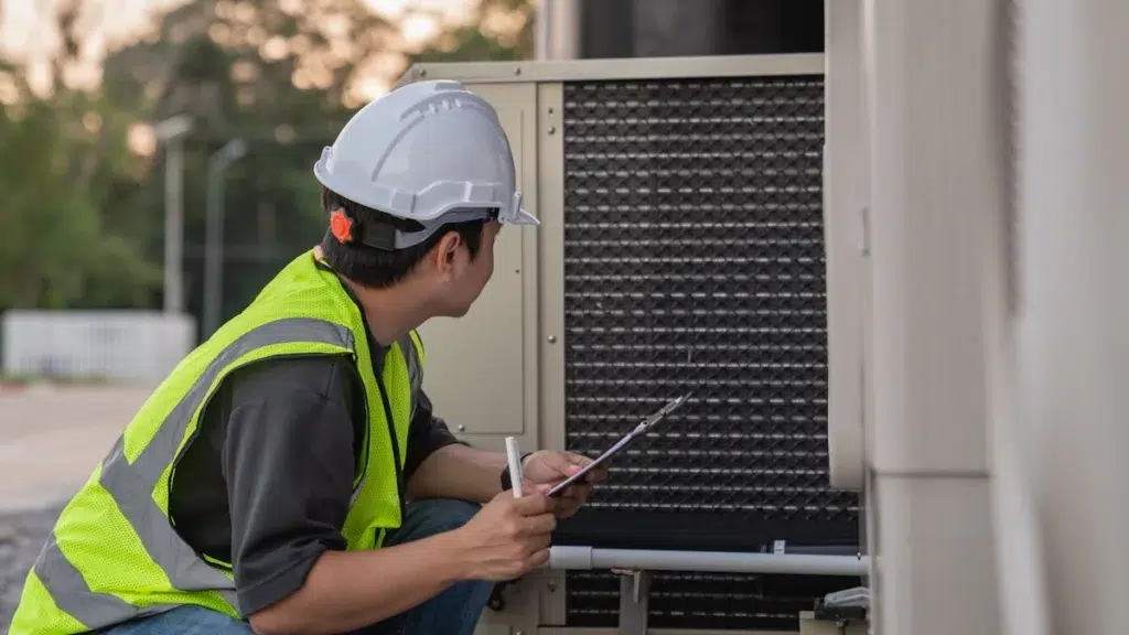 Stationary refrigeration system: Engineer inspects the cooling system of an air conditioning system in an industrial plant.