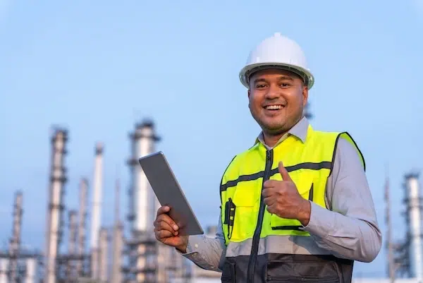 Vorteile einer mobilen Heizung bei Sanierungsarbeiten: Ingenieur in industriellem Umfeld
